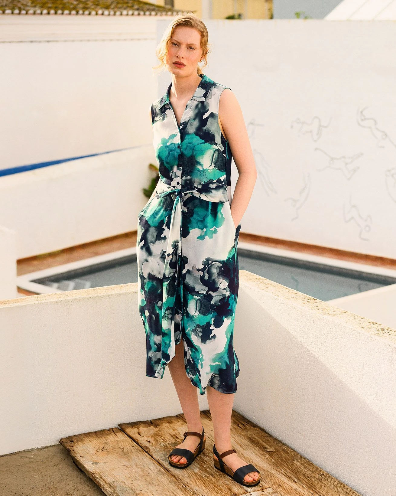 Sleeveless Tie Front Midi Shirt Dress 2 Sleeveless Tie Front Midi Shirt Dress - Image 2