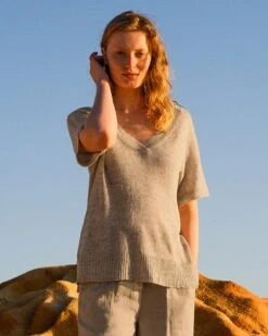 Linen Blend V Neck Slouch Knitted Top