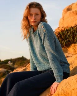 Linen Blend Slub Knit Button Detail Sweater